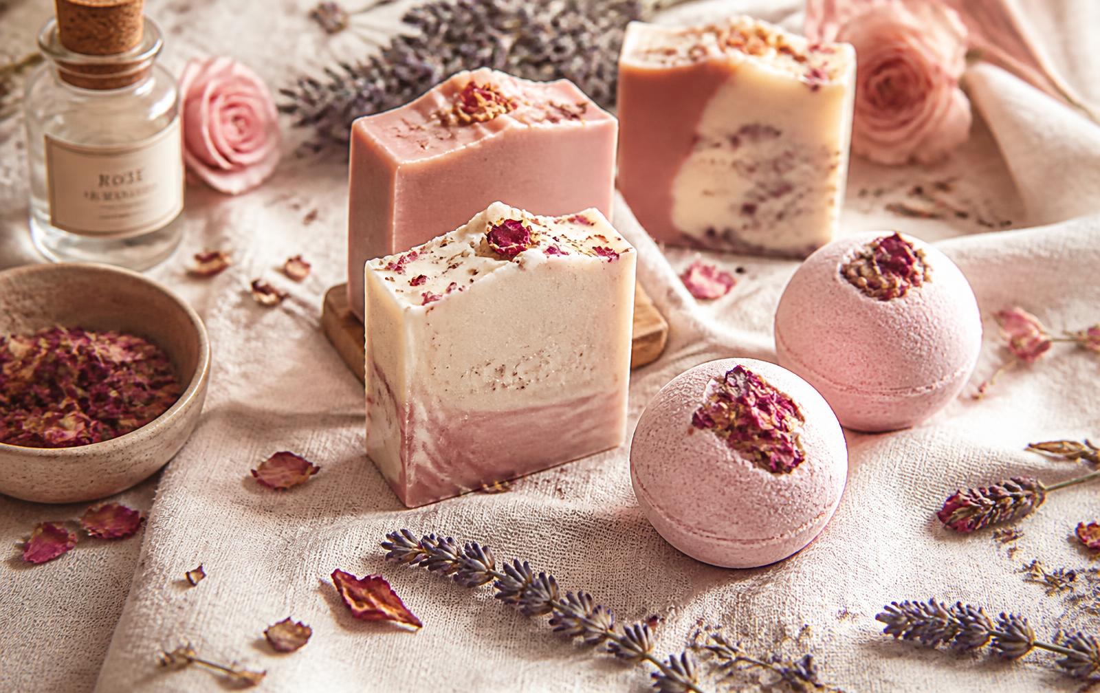Handmade rose soaps and pink bath bombs arranged on cream linen with dried lavender